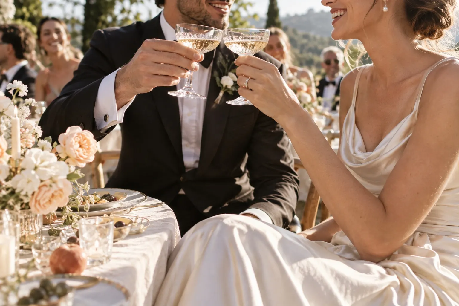 Una pareja brinda con sus invitados durante la celebración de su boda
